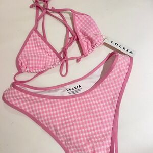 Loleia Pink Gingham Bikini Set Textured Triangle Top XS High Leg Bottoms L NEW